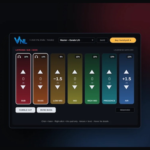 VNL Works「YeetzEQ」EQの知識がなくても直感的に音質調整！7つのパッドをクリックして周波数帯域を聴きながら調整できる無料イコライザー｜DTMプラグインセール