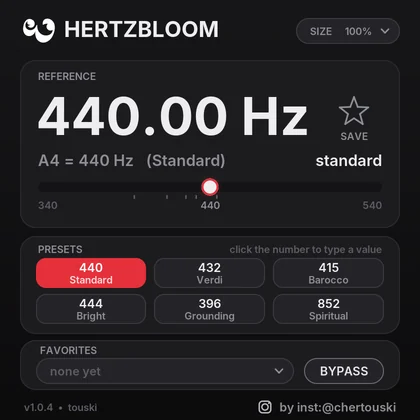 touski「HertzBloom」楽曲全体の基準ピッチを440Hzから432Hzなどに変更！音質を保ちながらゼロレイテンシーで動作する無料ピッチ調整プラグイン｜DTMプラグインセール