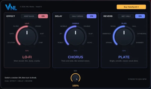 VNL Works「YeetzFX」3種類のエフェクトと全21種類のサウンドを搭載!ノブを回すだけで音色加工・ディレイ・リバーブを自在に切り替えられる無料プラグイン|DTMプラグインセール