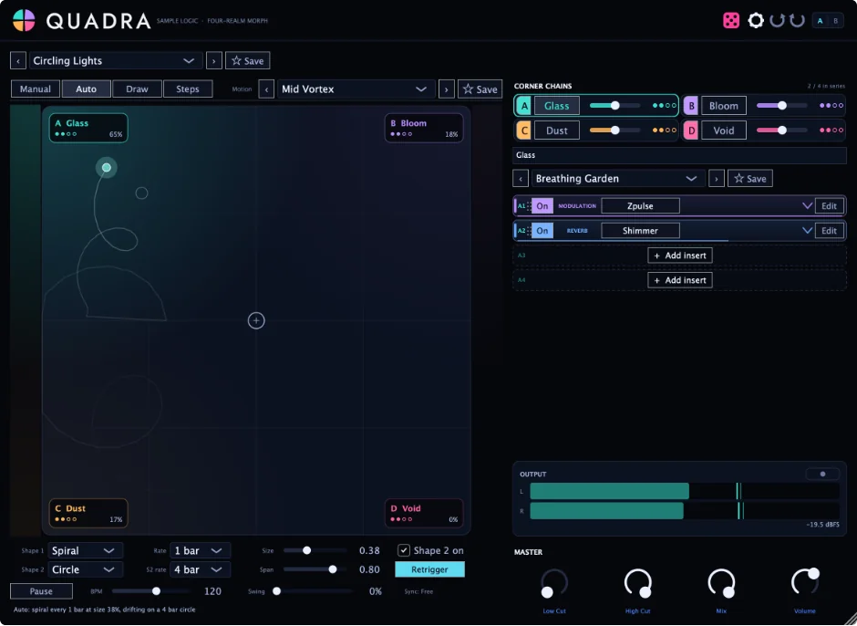 Sample Logic「Quadra」4つのエフェクトチェーンをXYパッドで自在にブレンド!22種類のエフェクトと自動モーション機能で音に動きと変化を加えるマルチエフェクトプラグイン|DTMプラグインセール