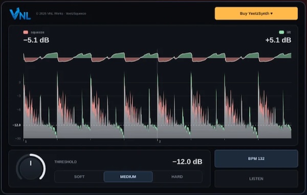 VNL Works「YeetzSqueeze」1つのノブと3種類の圧縮モードで音をまとめる！自動音量補正を搭載した無料グルーコンプレッサー｜DTMプラグインセール