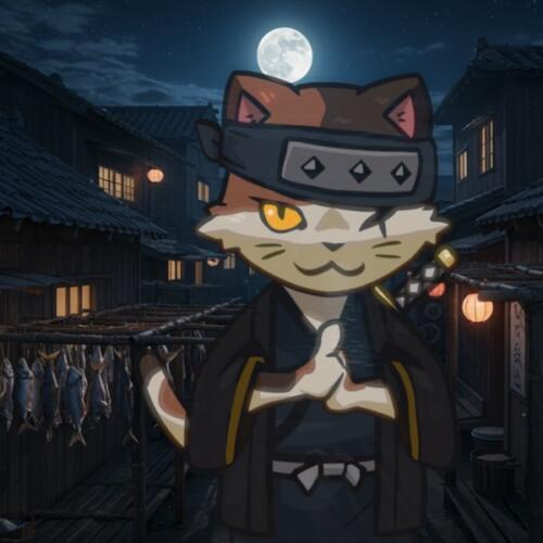 Drawn by the scent of fish, shadows divide—and the cat smiles.